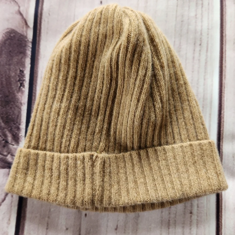 Italian Knit Wool Blend Cuffed Beanie Hat Unisex Tan Brown Neutral - Picture 2 of 4